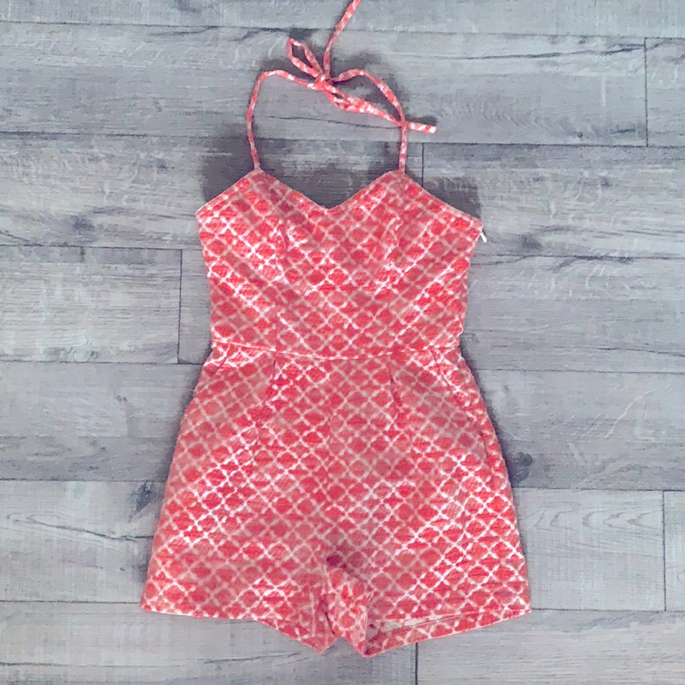 60s style, halter pink jacquard romper by Jack/BB Dakota.
